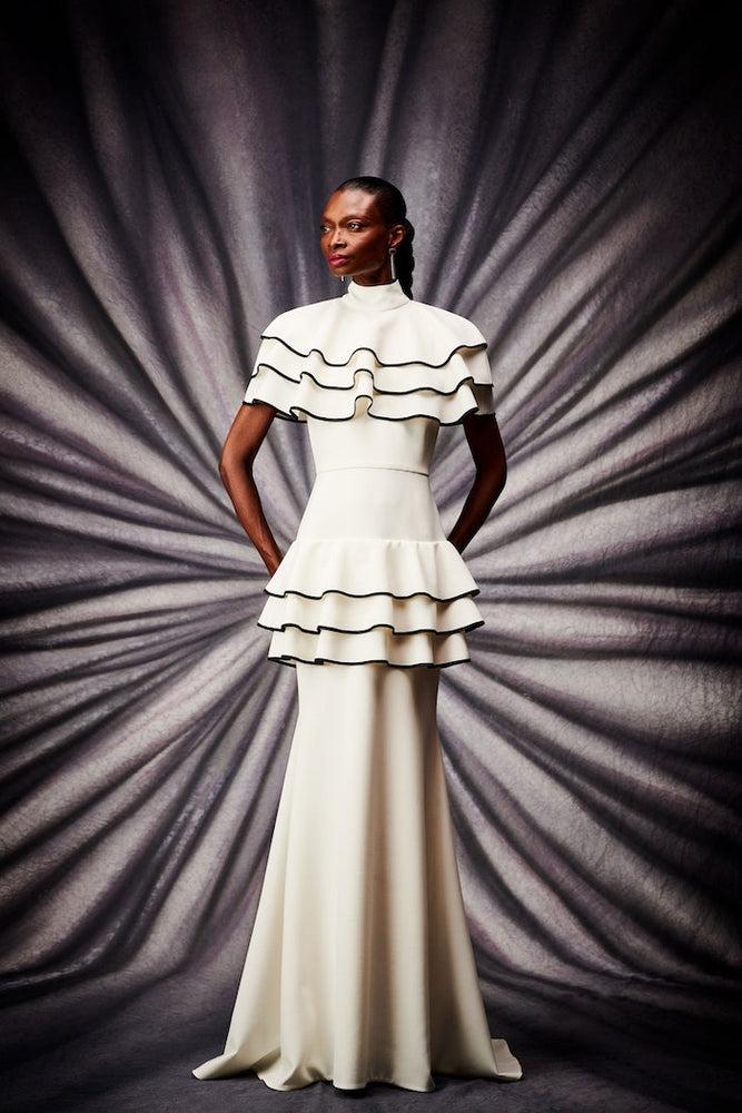 christian siriano White and Black Ruffle Detail Gown