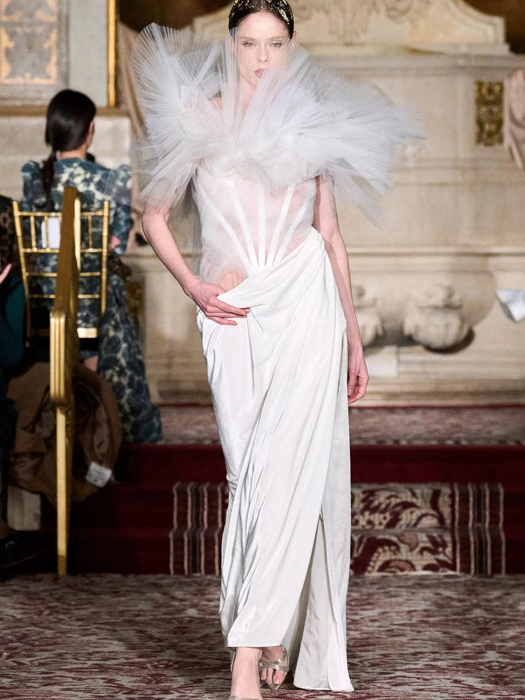 christian siriano White Corset Draped Gown with Pleated Tulle
