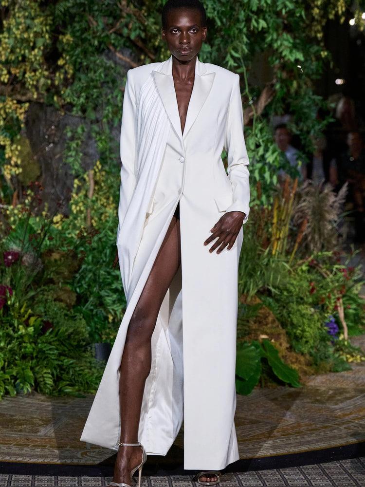 christian siriano WHITE JERSEY DRAPED LONG LINE BLAZER COAT christian siriano WHITE JERSEY DRAPED LONG LINE BLAZER COAT