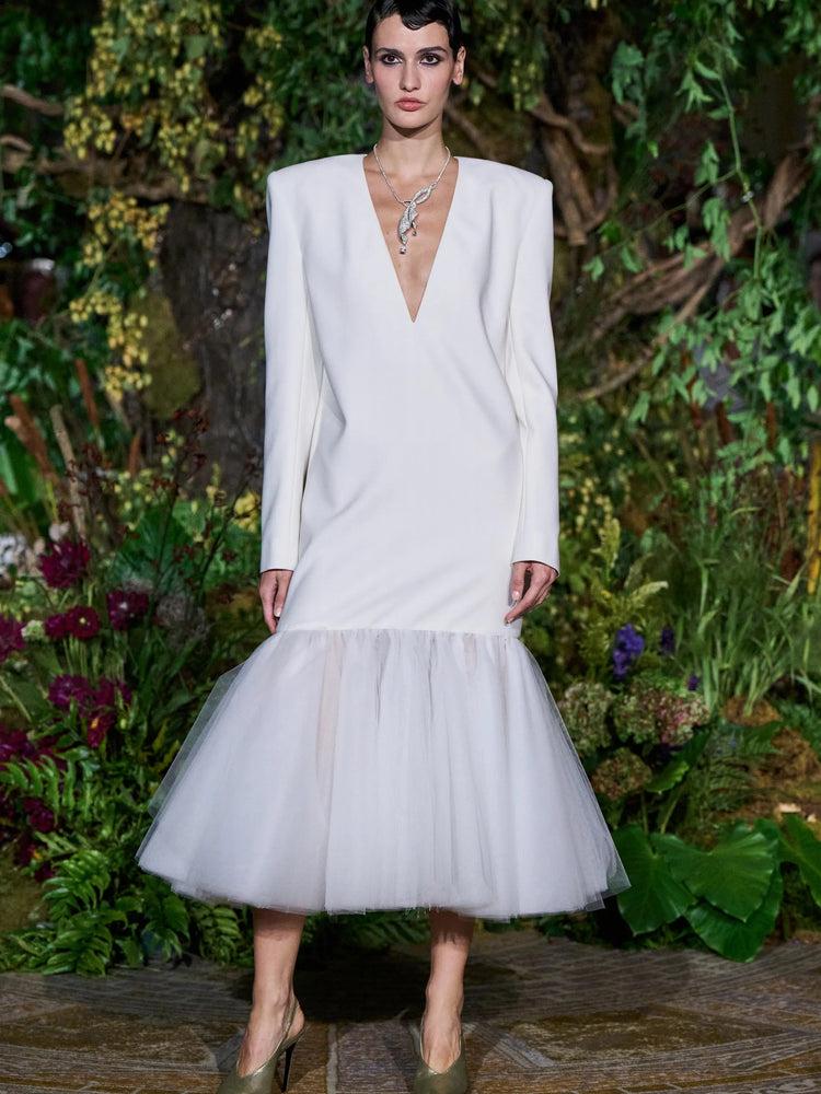 christian siriano WHITE LONG SLEEVE BLAZER DRESS WITH TULLE MERMAID HEM christian siriano WHITE LONG SLEEVE BLAZER DRESS WITH TULLE MERMAID HEM