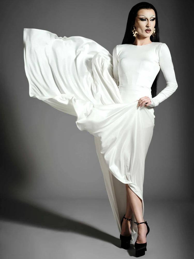christian siriano White Long Sleeve Drop Waist Gown