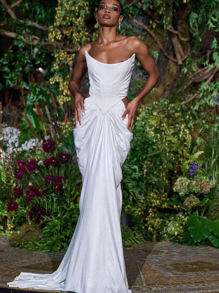 christian siriano WHITE STRAPLESS CORSET JERSEY DRAPED GOWN christian siriano WHITE STRAPLESS CORSET JERSEY DRAPED GOWN