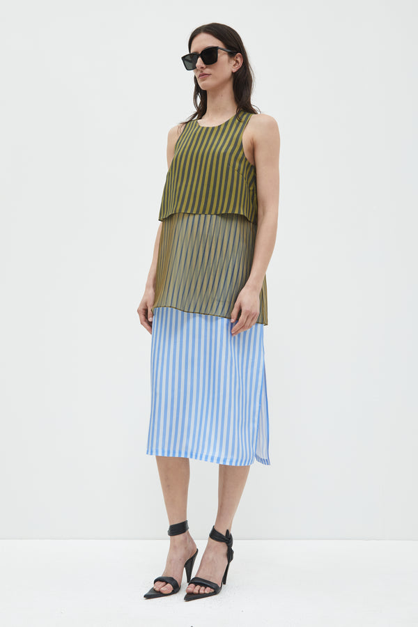 Christian Wijnants Danai Multi Layered Dress Khaki Black Blue Stripes