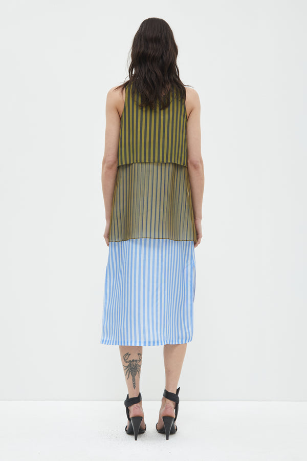 Christian Wijnants Danai Multi Layered Dress Khaki Black Blue Stripes