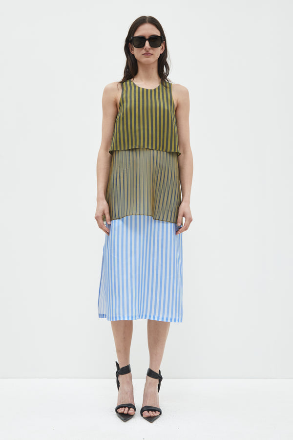 Christian Wijnants Danai Multi Layered Dress Khaki Black Blue Stripes