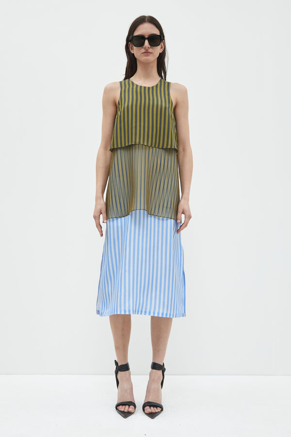 christian wijnants Danai Multi Layered Dress Khaki Black Blue Stripes
