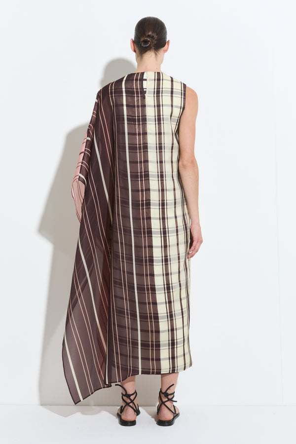 Christian Wijnants Deelas Asymmetric Organza Dress Chocolate Blush Vanilla Stripe