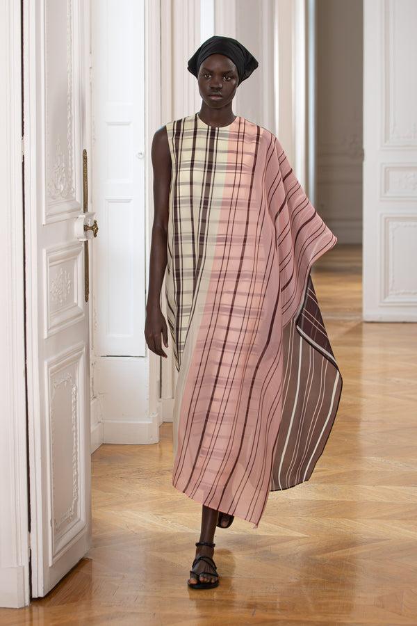 Christian Wijnants Deelas Asymmetric Organza Dress Chocolate Blush Vanilla Stripe