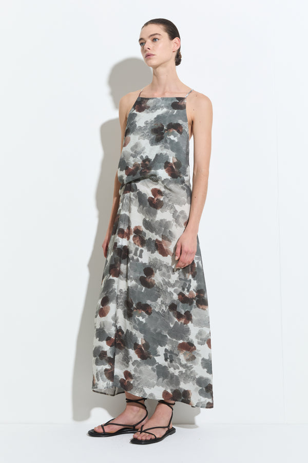 Christian Wijnants Duma Spaghetti Shoulder Dress Grey Brown Hibiscus