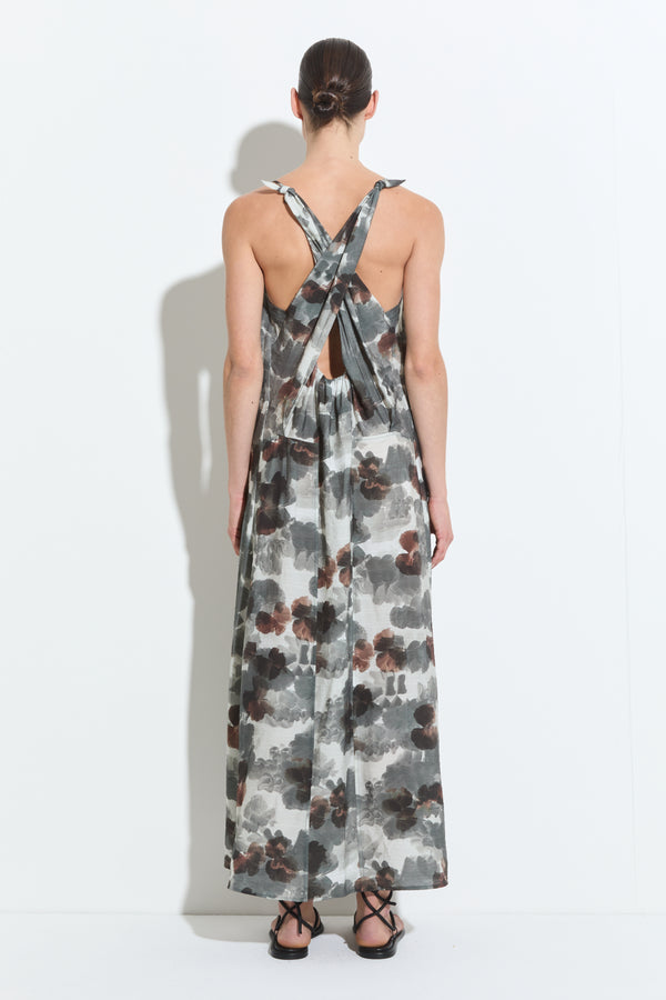 Christian Wijnants Duma Spaghetti Shoulder Dress Grey Brown Hibiscus