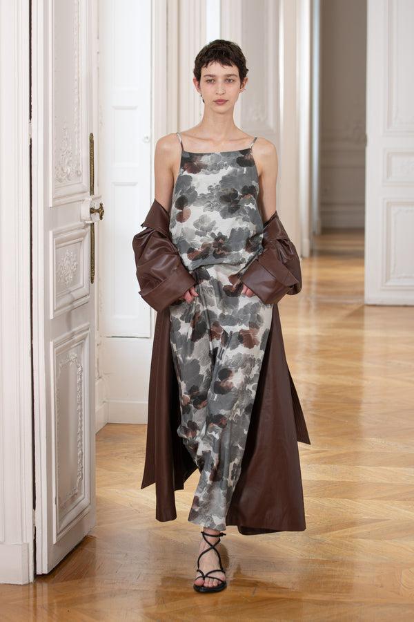 Christian Wijnants Duma Spaghetti Shoulder Dress Grey Brown Hibiscus