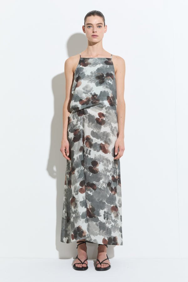 christian wijnants Duma Spaghetti Shoulder Dress Grey Brown Hibiscus