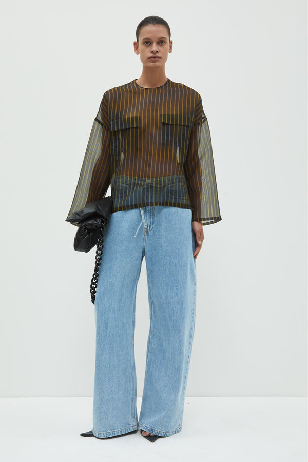 Christian Wijnants Tenoi Boxy Organza Top Black Khaki Stripes Medium