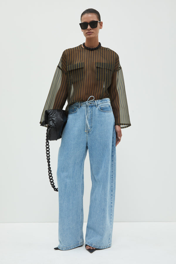 Christian Wijnants Tenoi Boxy Organza Top Black Khaki Stripes Medium