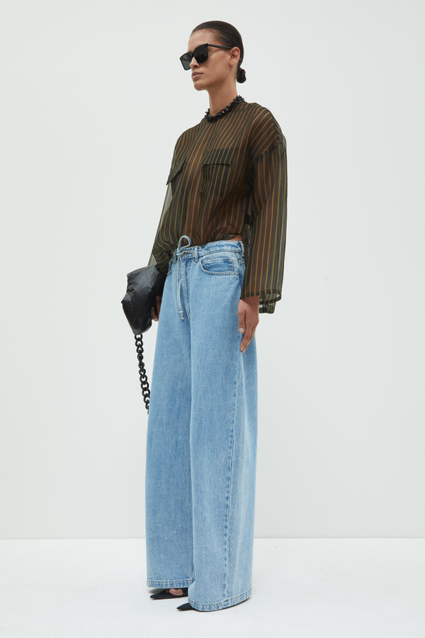 Christian Wijnants Tenoi Boxy Organza Top Black Khaki Stripes Medium