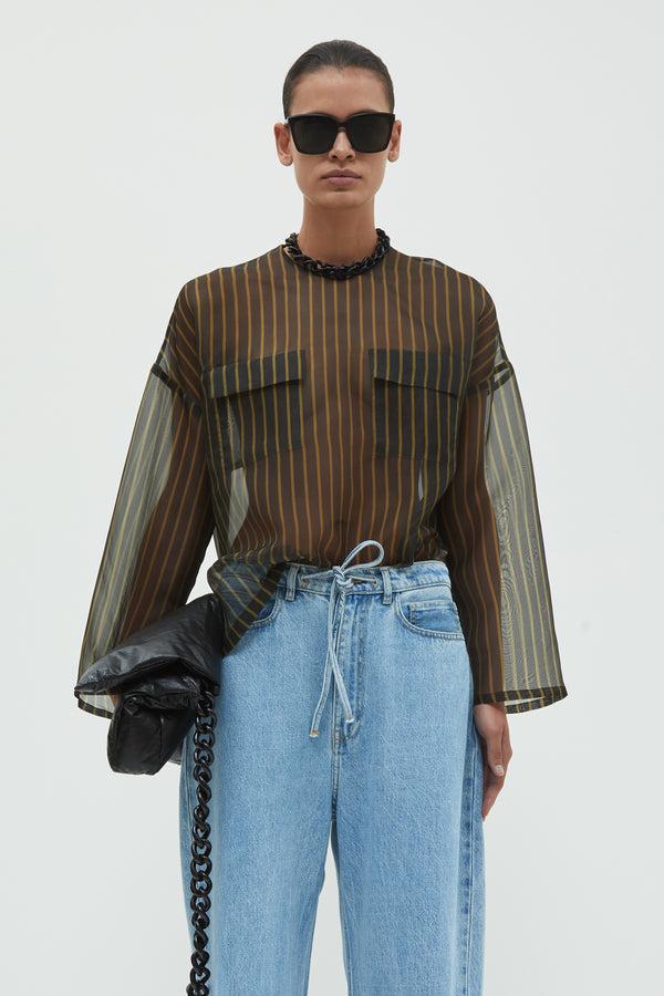 christian wijnants Tenoi Boxy Organza Top Black Khaki Stripes Medium