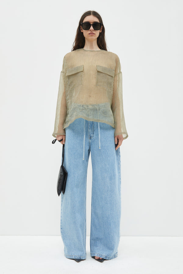 Christian Wijnants Tenoi Boxy Organza Top Khaki Stripes Small