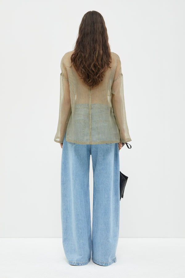 Christian Wijnants Tenoi Boxy Organza Top Khaki Stripes Small