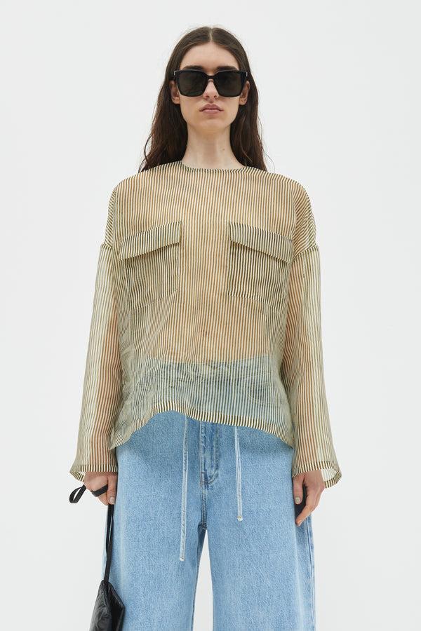 christian wijnants Tenoi Boxy Organza Top Khaki Stripes Small