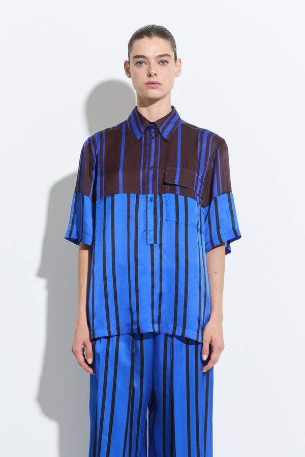 christian wijnants Tuanes Short Sleeve Shirt Marrone Blue Stripe Patchwork