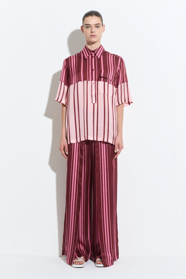 Christian Wijnants Tuanes Short Sleeve Shirt Wine Blush Stripe Patchwork