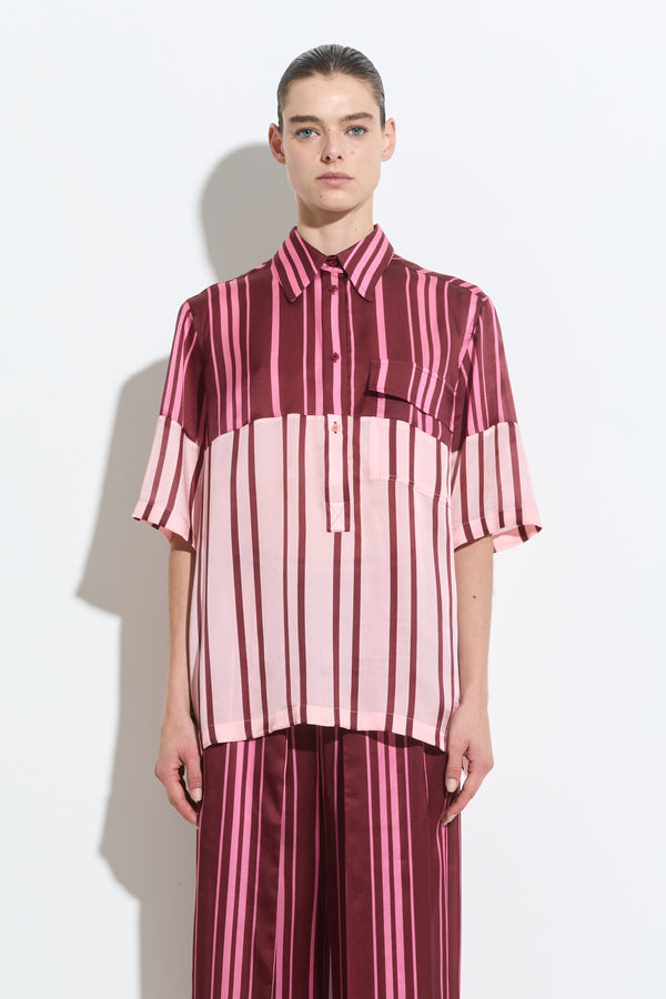 christian wijnants Tuanes Short Sleeve Shirt Wine Blush Stripe Patchwork
