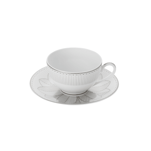 christofle Set of 2 Porcelain Tea Cup and Saucers Platinum Finish Malmaison Impériale