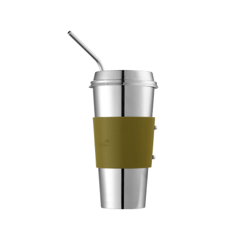 christofle Stainless Steel Coffee Cup with Imperial Green Leather Grip Objets Miroir