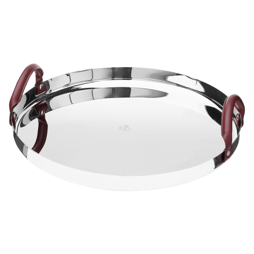 christofle Stainless Steel Mirror Polished Round Tray with Leather Handles - 16 in Mood