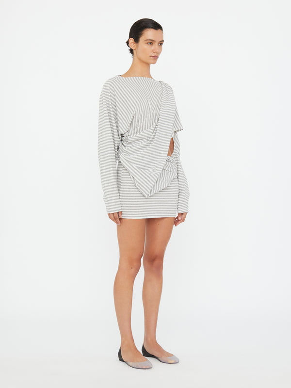 Christopher Esber Aiba Draped Cotton Jersey Long Sleeve Dress Grey Marle Stripe