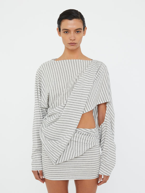 Christopher Esber Aiba Draped Cotton Jersey Long Sleeve Dress Grey Marle Stripe
