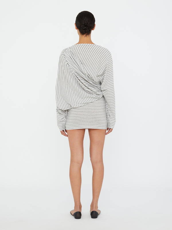 Christopher Esber Aiba Draped Cotton Jersey Long Sleeve Dress Grey Marle Stripe