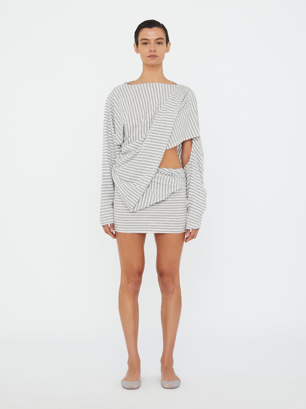 christopher esber Aiba Draped Cotton Jersey Long Sleeve Dress grey marle stripe