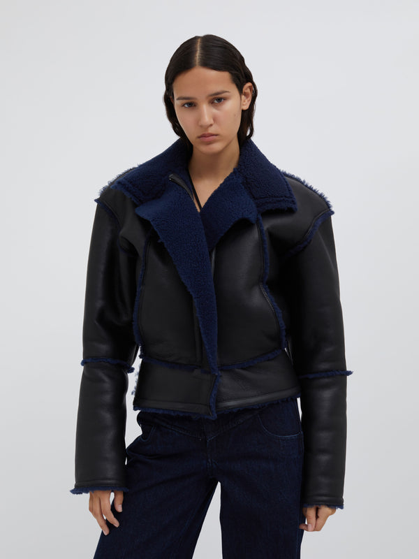 Christopher Esber Aviator Shearling Jacket Blue Graphite Black