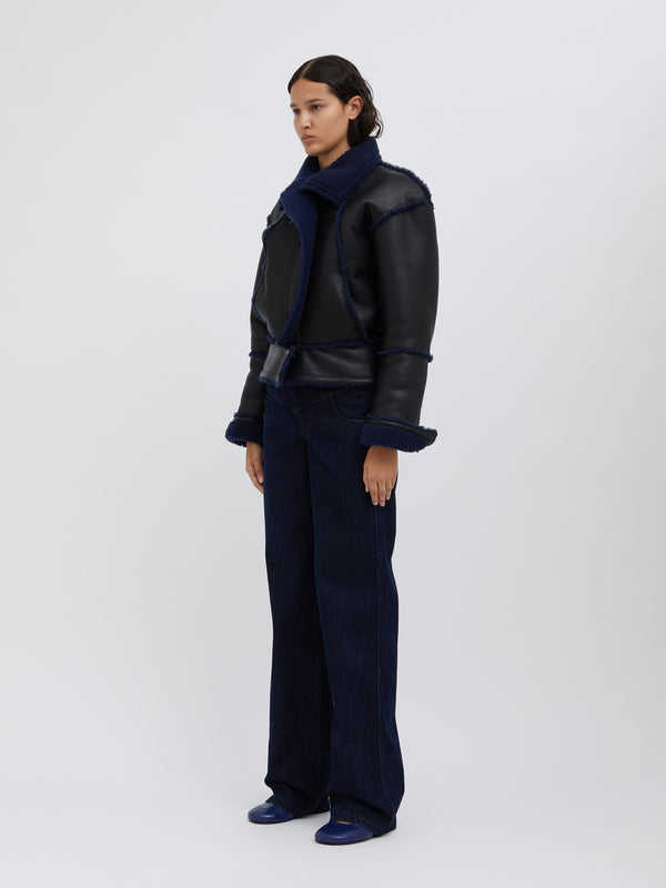 Christopher Esber Aviator Shearling Jacket Blue Graphite Black