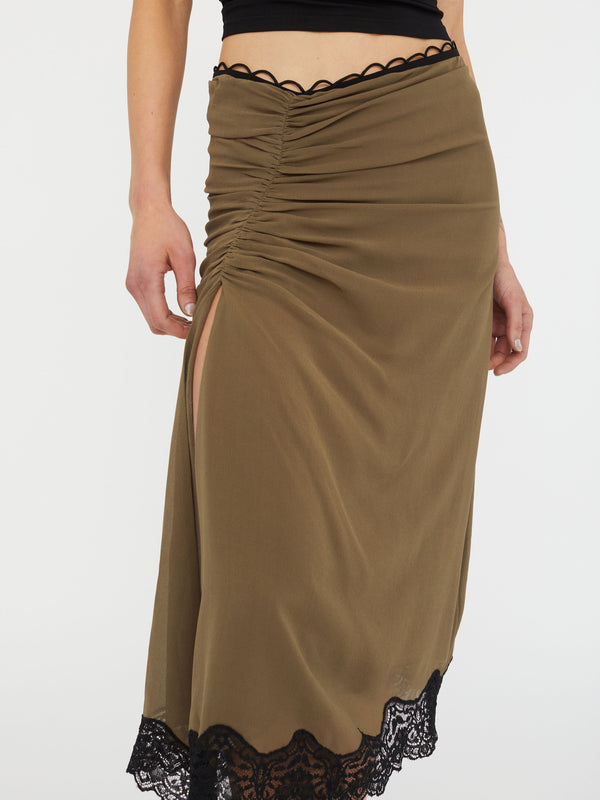 Christopher Esber Crimped Lace Gathered Silk Skirt Eucalypt Black