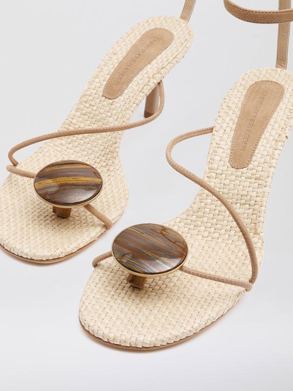 Christopher Esber Doma Stoned Raffia Heel Natural Tigers Eye Doma Stoned Raffia Heel Olive Citrine