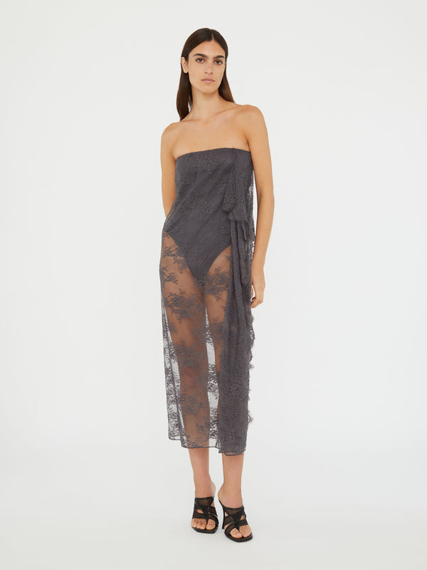 Christopher Esber Floating Lace Strapless Dress Shadow Grey Floating Lace Strapless Dress Eucalypt