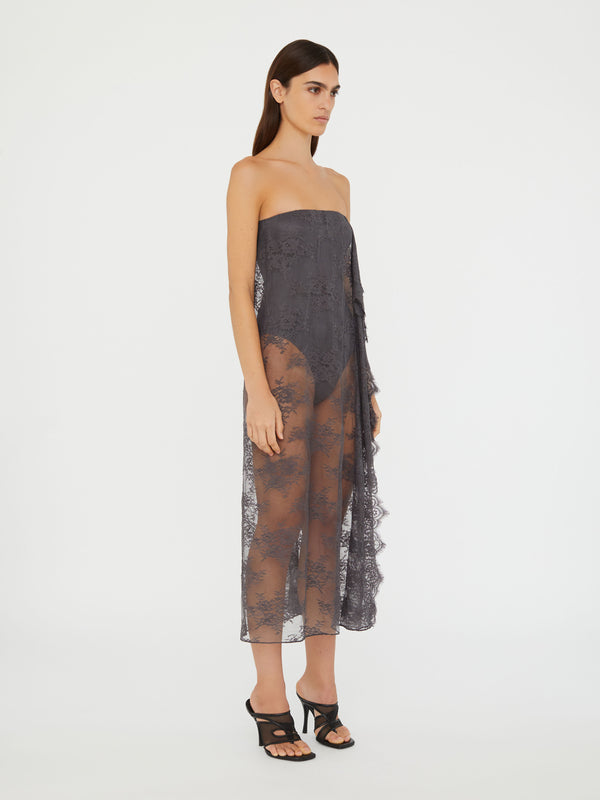 Christopher Esber Floating Lace Strapless Dress Shadow Grey Floating Lace Strapless Dress Eucalypt