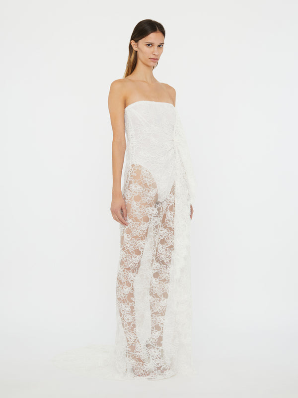Christopher Esber Floating Lace Strapless Gown White