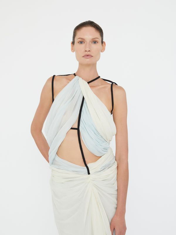 Christopher Esber Latticed Lace Drape Torrent Dress Clear Blue