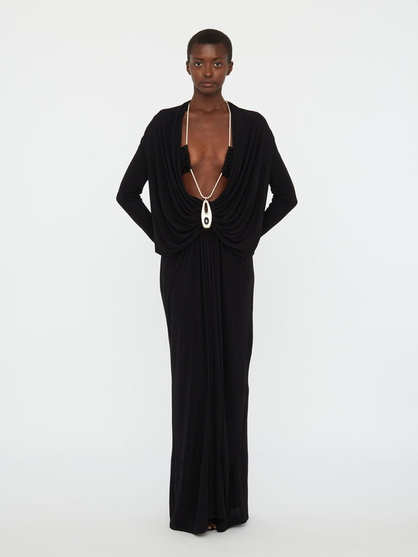 Christopher Esber Lavalliere Draped Jersey Long Sleeve Dress Black