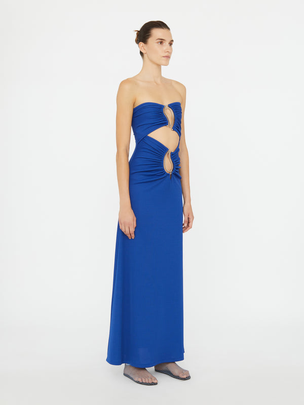 Christopher Esber Paisley Ruched Disconnect Strapless Dress Yves Blue