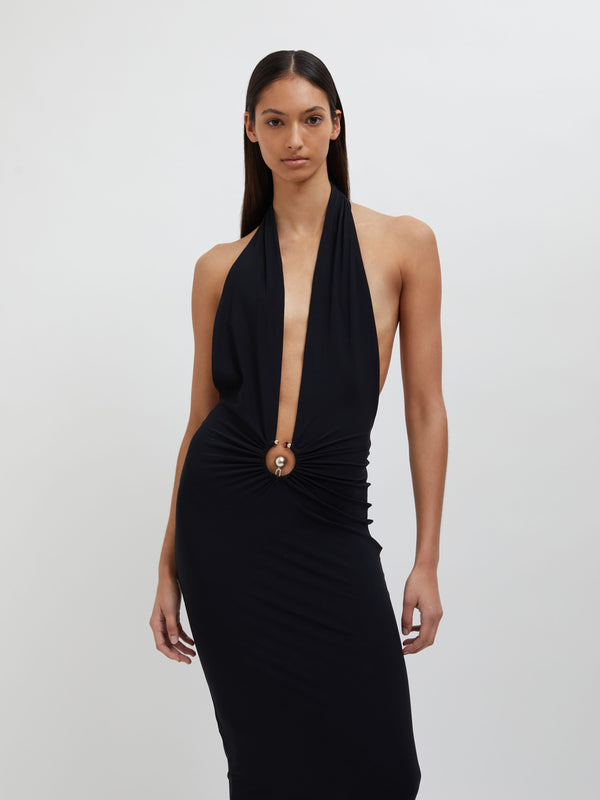 Christopher Esber Pierced Orbit Halter Split Front Dress Black