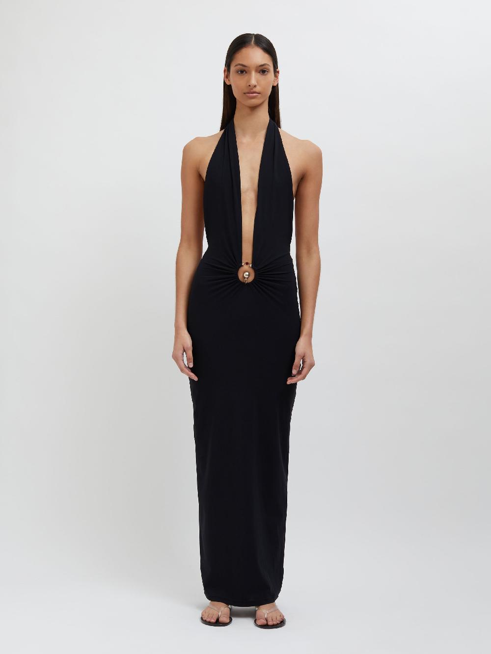 Christopher Esber Pierced Orbit Halter Split Front Dress Black