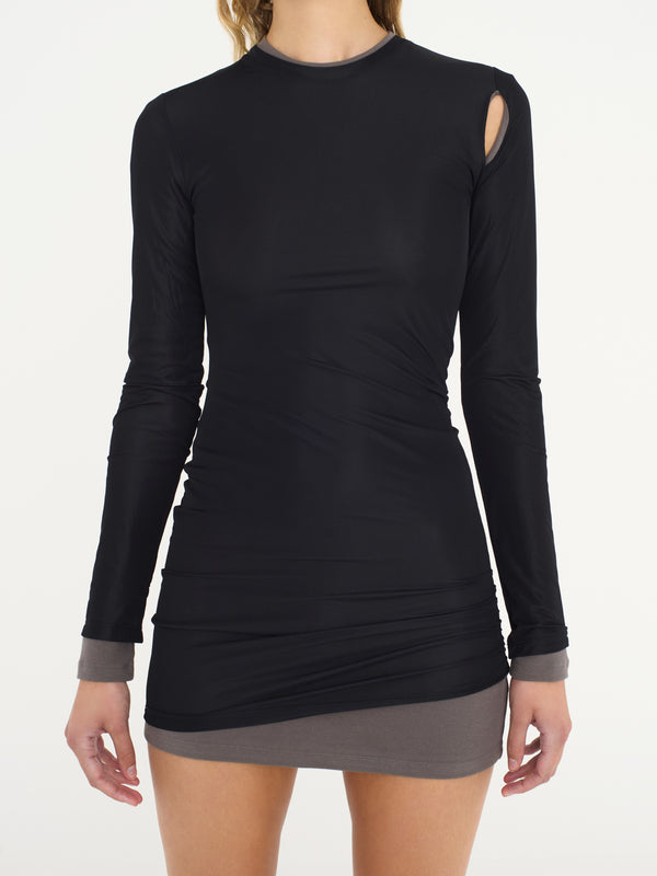 Christopher Esber Sheer Overlay Peephole Rib Dress Black Shadow Grey