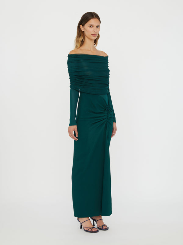 Christopher Esber Sonora Veiled Long Sleeve Ruched Dress Evergreen