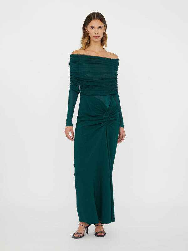 Christopher Esber Sonora Veiled Long Sleeve Ruched Dress Evergreen