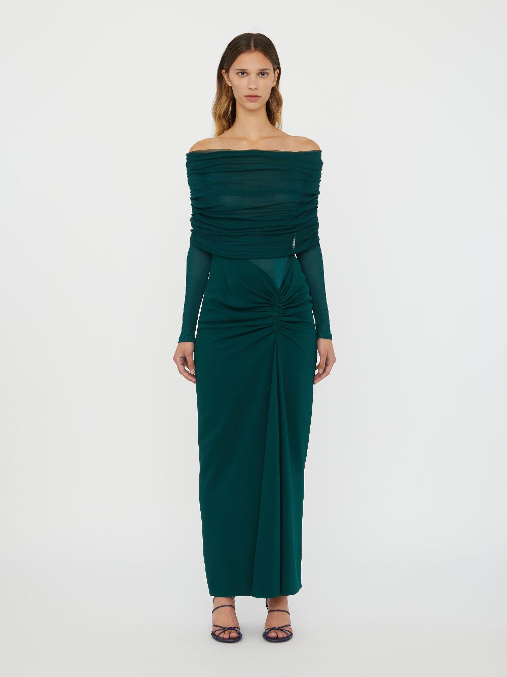 christopher esber Sonora Veiled Long Sleeve Ruched Dress evergreen