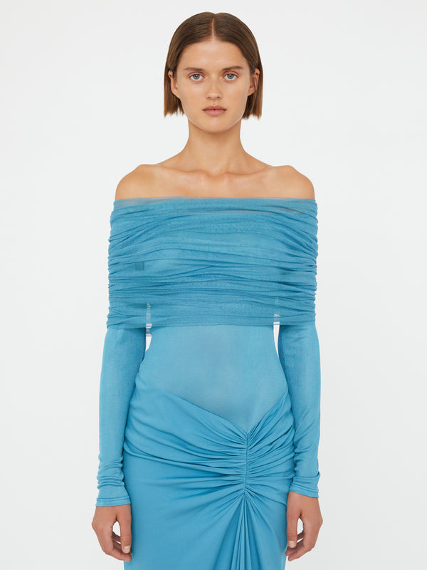 Christopher Esber Sonora Veiled Long Sleeve Ruched Dress Lake